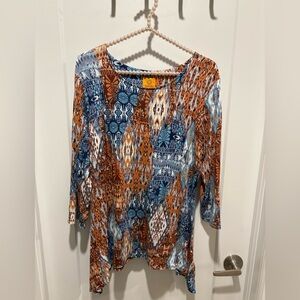 Ruby Rd. Blue and Brown Geometric Blouse